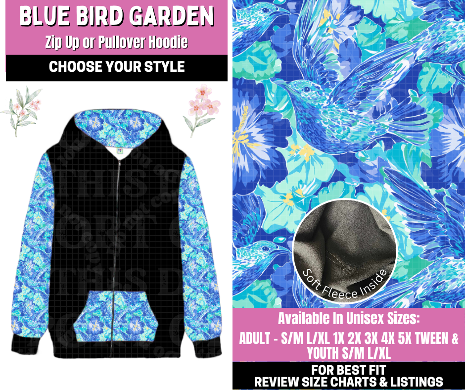 Preorder! Closes 1/12. ETA March. Blue Bird Garden Zip-Up or Pullover Hoodie