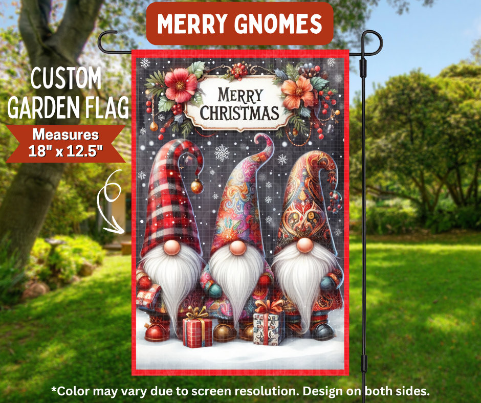 Preorder! Closes 8/10. ETA Nov. Merry Gnomes Garden Flag