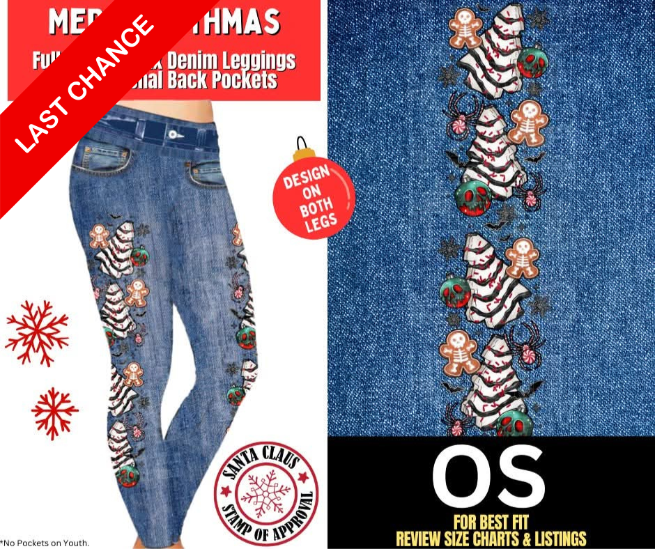 Merry Gothmas Faux Denim Fleece Leggings W/ Side Leg Designs