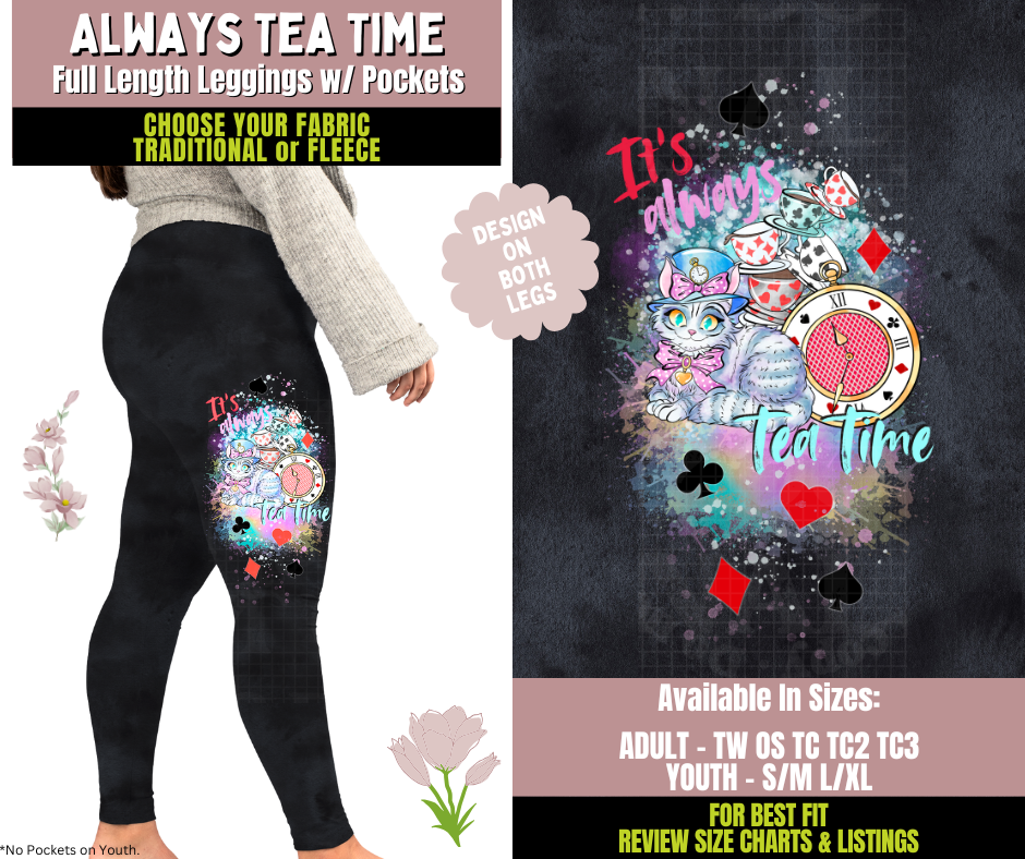 Preorder! Closes 10/8. ETA Dec. Always Tea Time Watercolor Leggings w/ Side Leg Designs Choose Fleece or Traditional