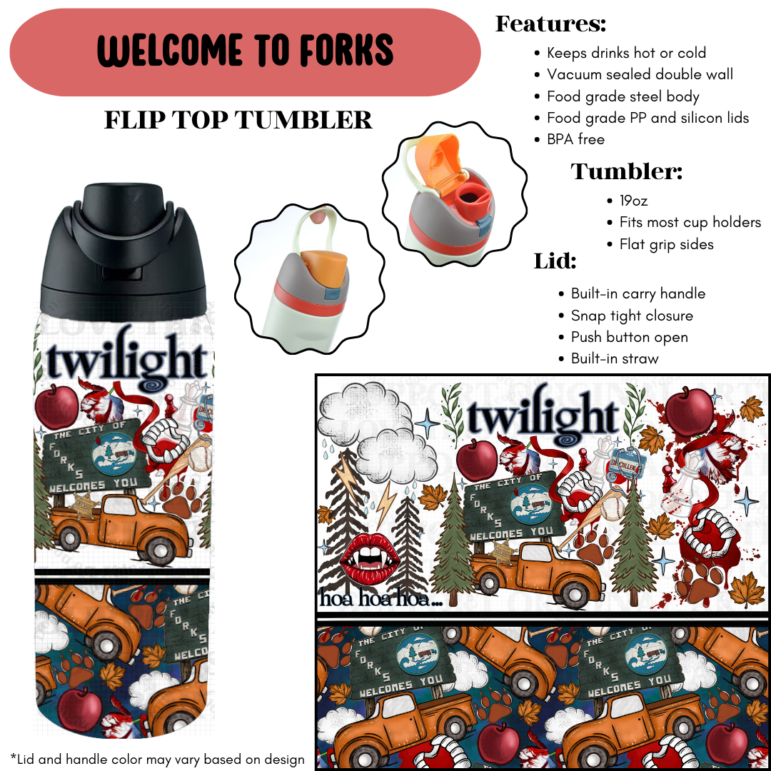 Preorder! Closes 9/18. ETA Dec. Welcome to Forks Flip Top Tumbler