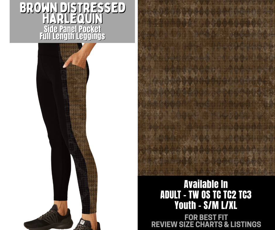 Preorder! Closes 12/3. ETA Feb. Brown Distressed Harlequin Side Panel Pocket Full Length Leggings