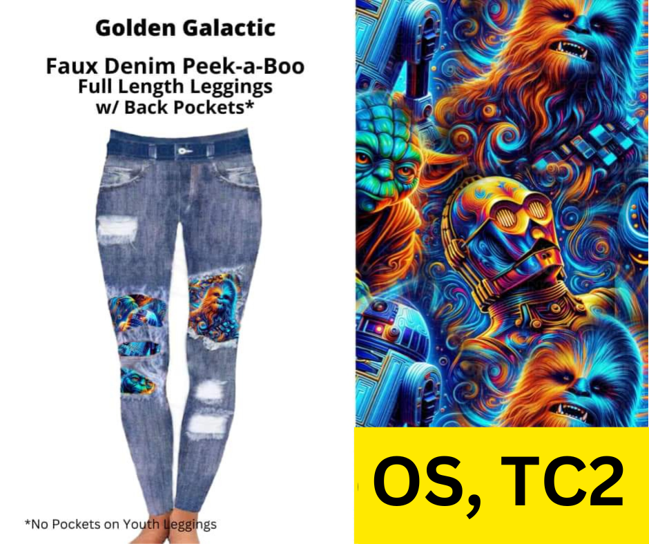 Golden Galactic Faux Denim Full Length Peekaboo Leggings
