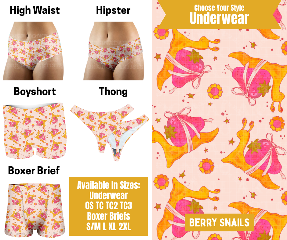 Preorder! Closes 10/28. ETA Jan. Berry Snails Hipster, High Waist, Boyshort, & Thong Underwear & Boxer Briefs