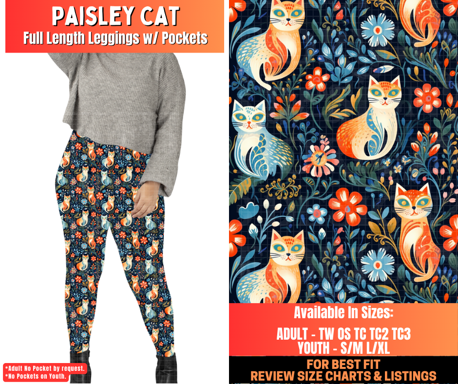 Preorder! Closes 12/29. ETA March. Paisley Cat Full Length Leggings w/wo Pockets
