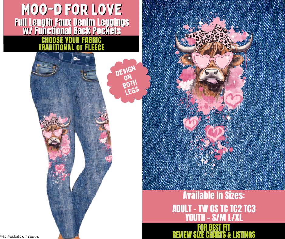 Preorder! Closes 11/20. ETA Jan. Moo-D For Love Faux Denim Leggings w/ Side Leg Designs Choose Fleece or Traditional