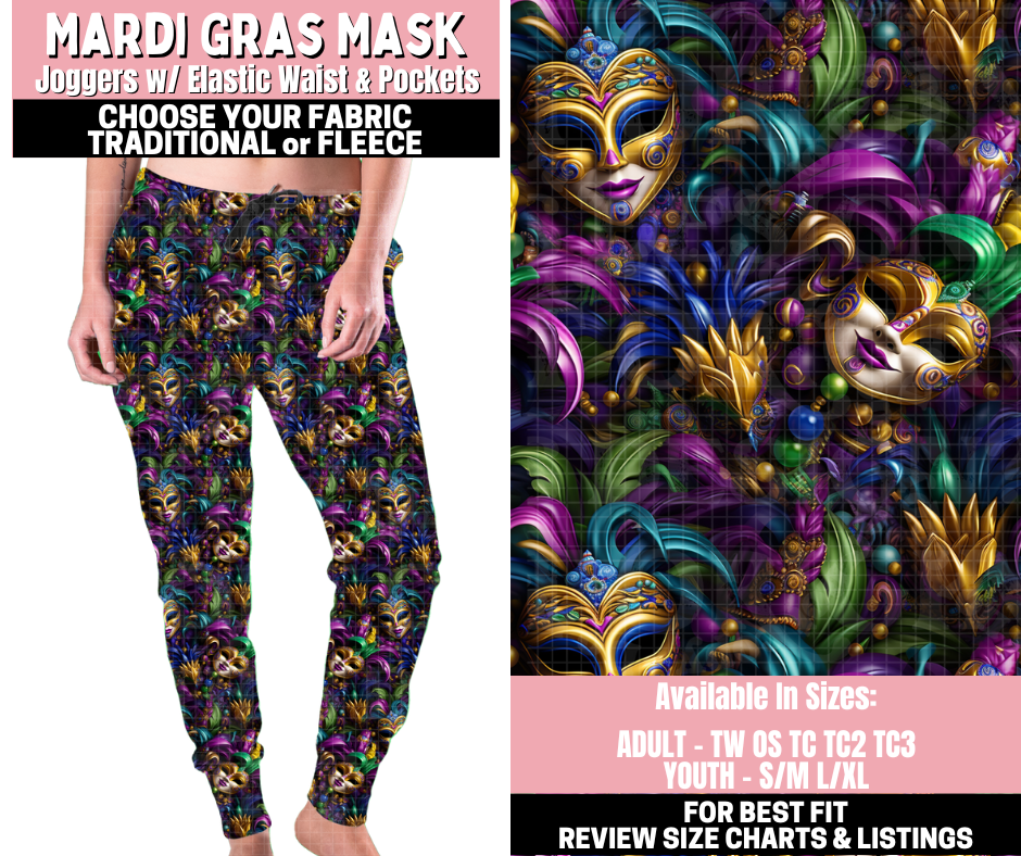 Preorder! Closes 11/12. ETA Jan. Mardi Gras Mask Joggers Choose Fleece or Traditional