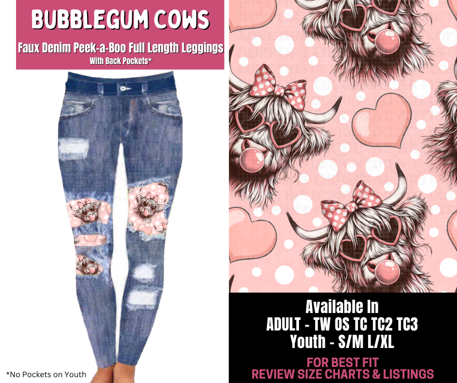 Preorder! Closes 11/10. ETA Jan. Bubblegum Cows Full Length Faux Denim Peekaboo