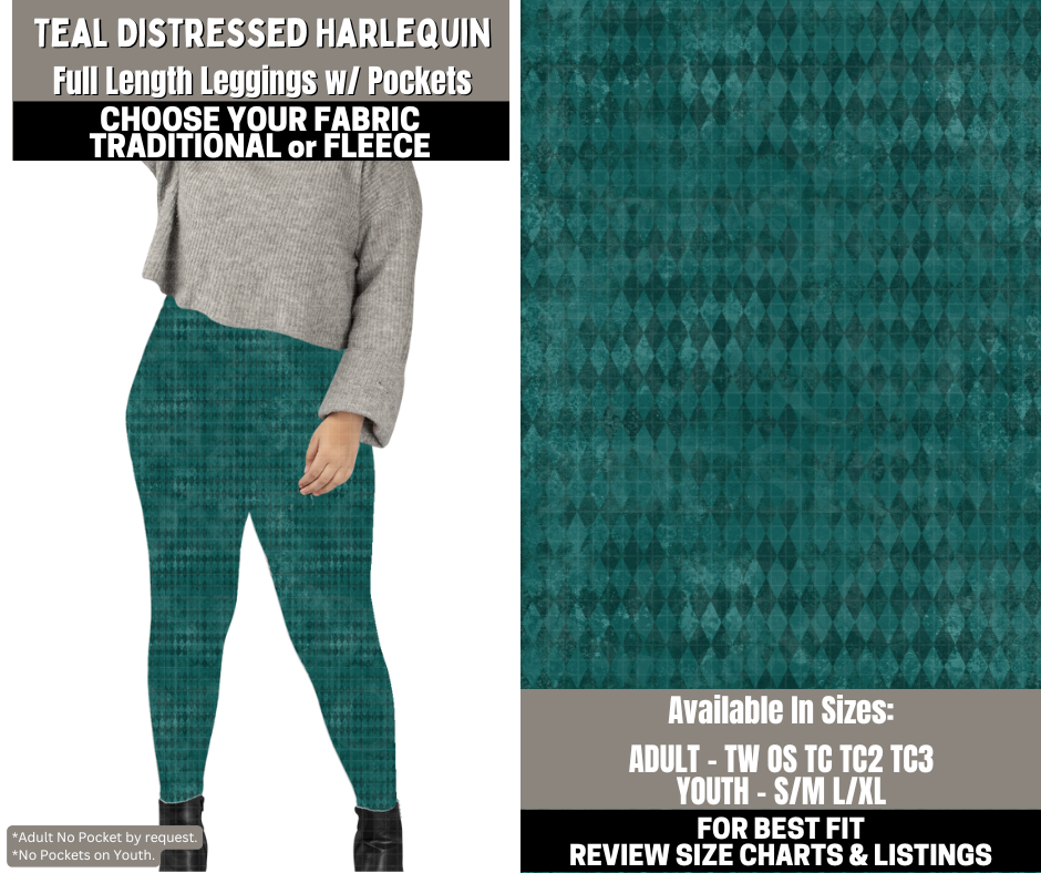 Preorder! Closes 12/1. ETA Feb. Teal Distressed Harlequin Leggings Choose Fleece or Traditional