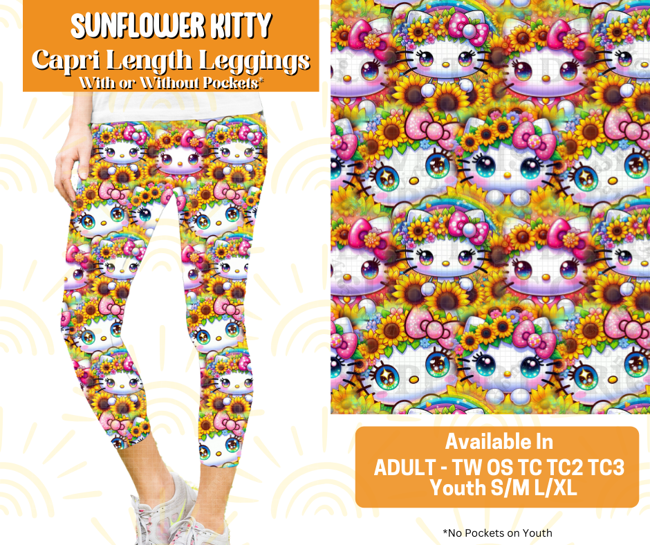Preorder! Closes 5/16. ETA July. Sunflower Kitty Capri Length Leggings w/wo Pockets