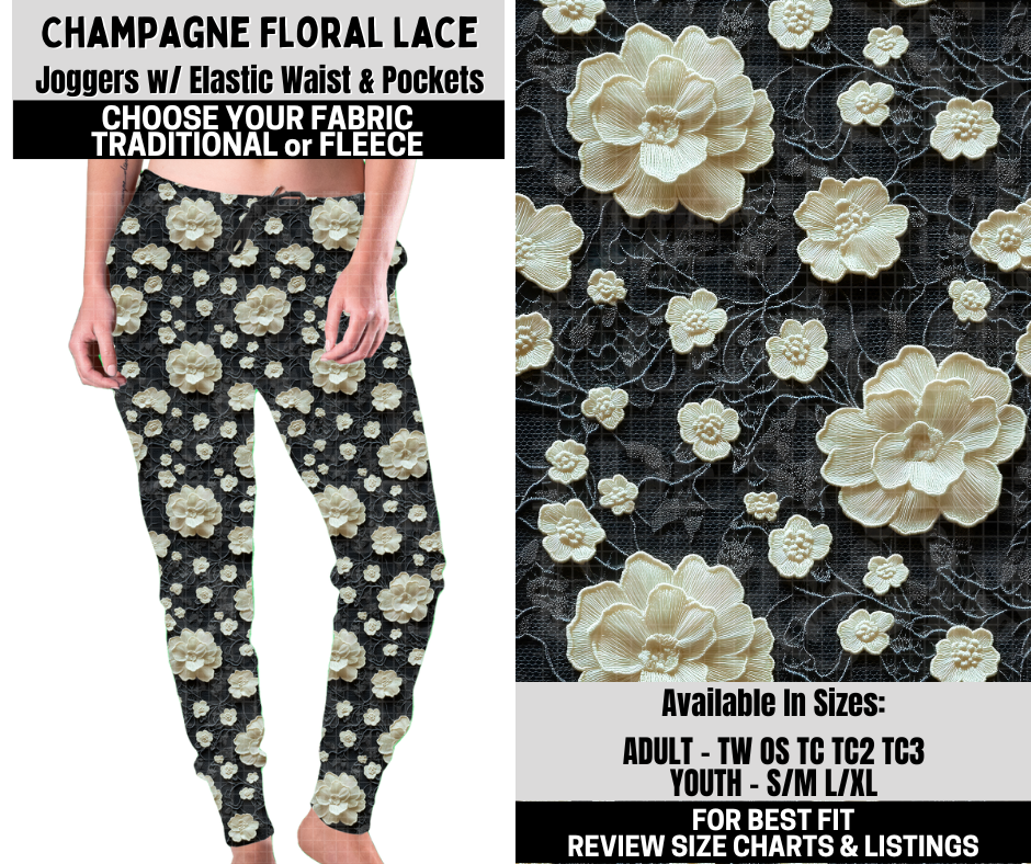 Preorder! Closes 10/6. ETA Dec. Champagne Floral Lace Joggers Choose Fleece or Traditional
