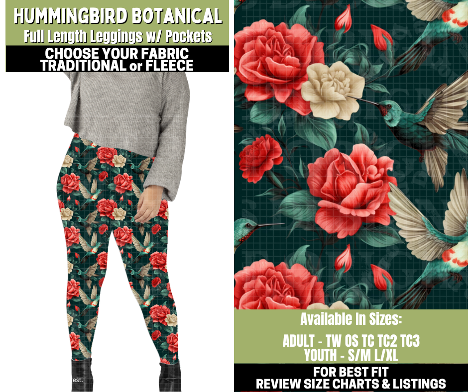 Preorder! Closes 11/6. ETA Jan. Hummingbird Botanical Leggings Choose Fleece or Traditional