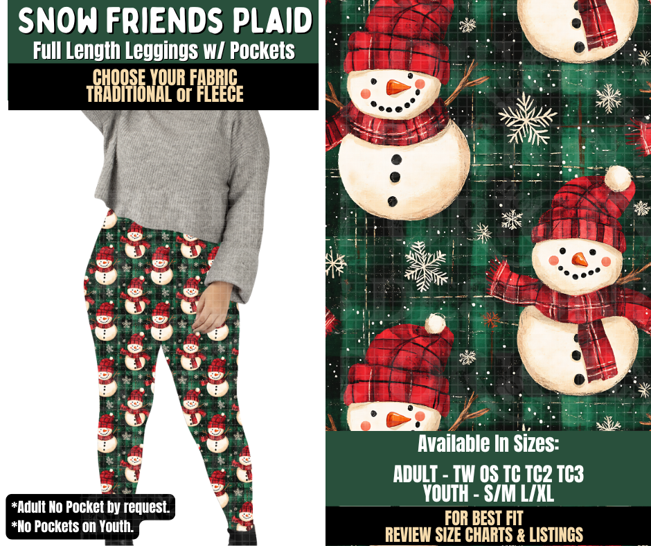 Preorder! Closes 8/12. ETA Nov. Snow Friends Plaid Leggings Choose Fleece or Traditional