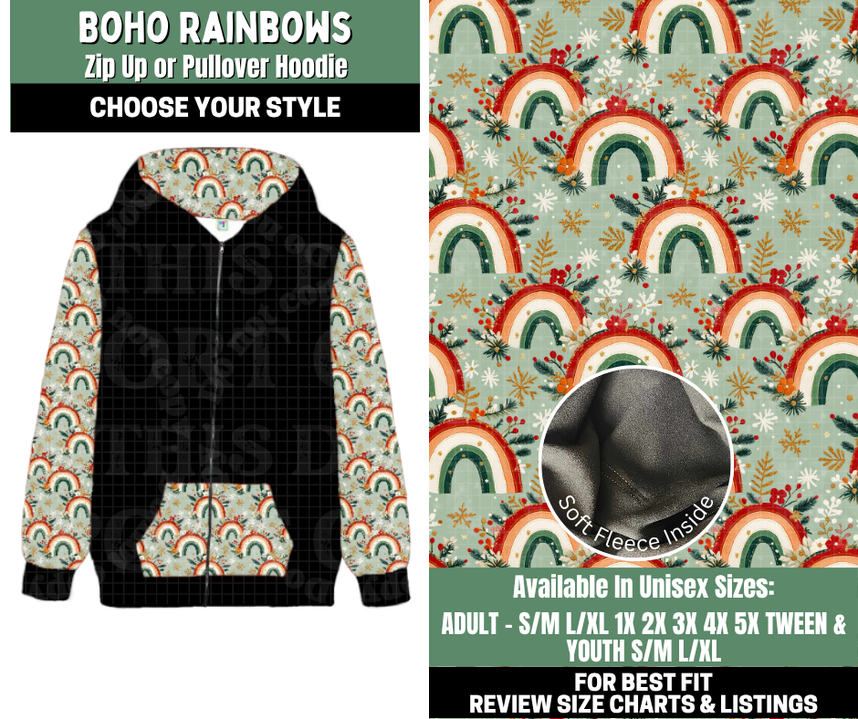 Preorder! Closes 12/4. ETA Feb. Boho Rainbows Zip-Up or Pullover Hoodie