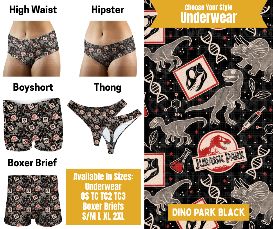 Preorder! Closes 10/28. ETA Jan. Dino Park Black Hipster, High Waist, Boyshort, & Thong Underwear & Boxer Briefs