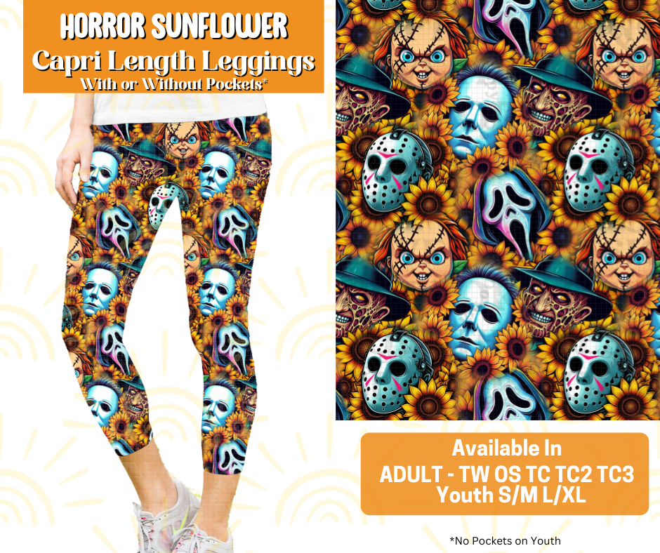 Preorder! Closes 5/16. ETA July. Horror Sunflower Capri Length Leggings w/wo Pockets
