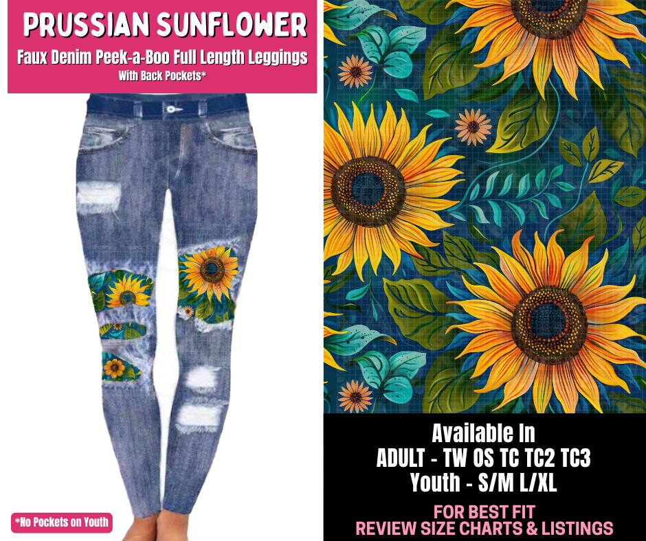 Preorder! Closes 1/1. ETA March. Prussian Sunflower Full Length Faux Denim Peekaboo