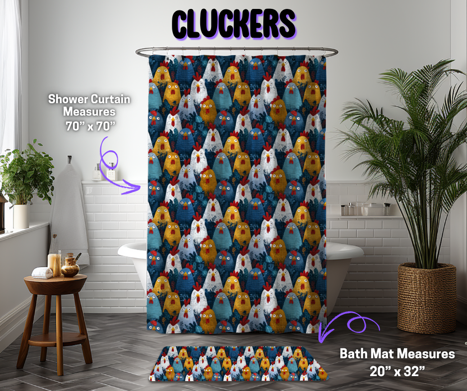 Preorder! Closes 12/8. ETA March. Cluckers Custom Shower Curtain and/or Bath Mat