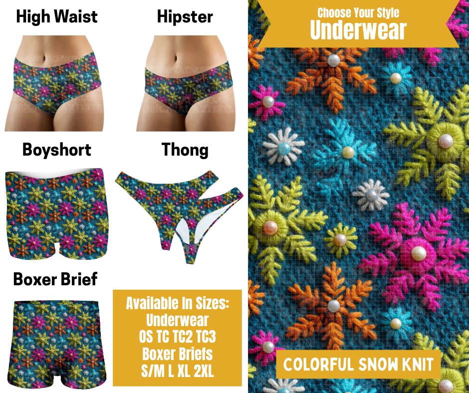 Preorder! Closes 10/28. ETA Jan. Colorful Snow Knit Hipster, High Waist, Boyshort, & Thong Underwear & Boxer Briefs