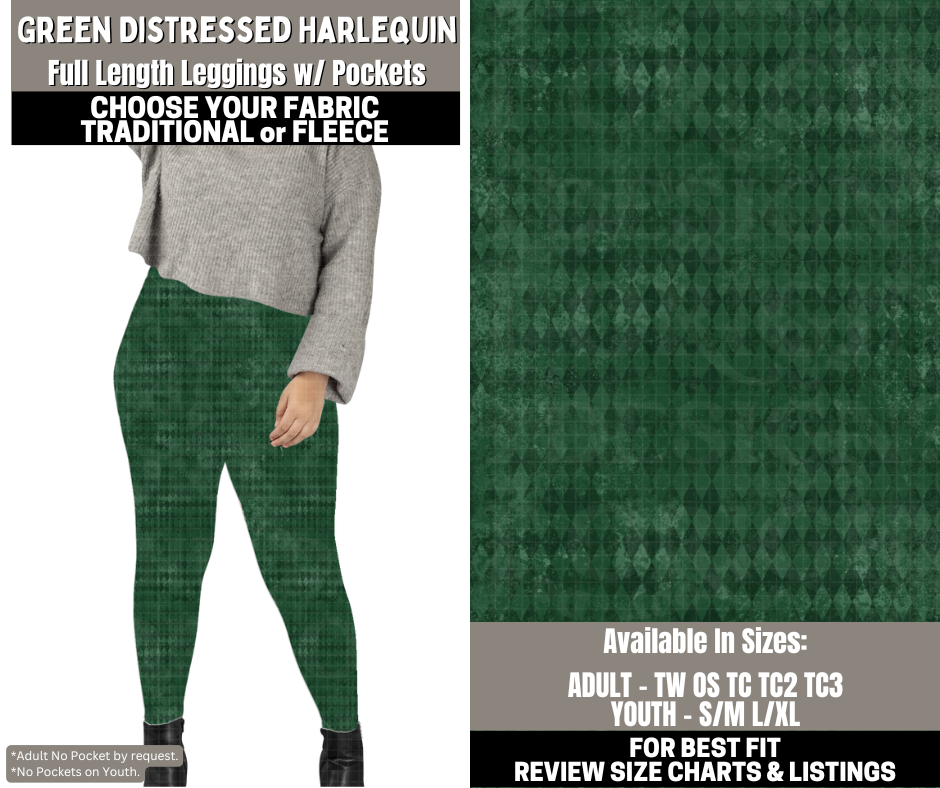 Preorder! Closes 12/1. ETA Feb. Green Distressed Harlequin Leggings Choose Fleece or Traditional