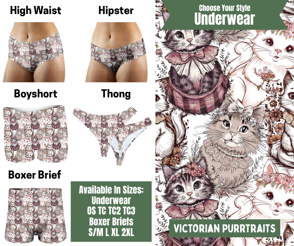 Preorder! Closes 11/24. ETA Jan. Victorian Purrtraits Hipster, High Waist, Boyshort, & Thong Underwear & Boxer Briefs