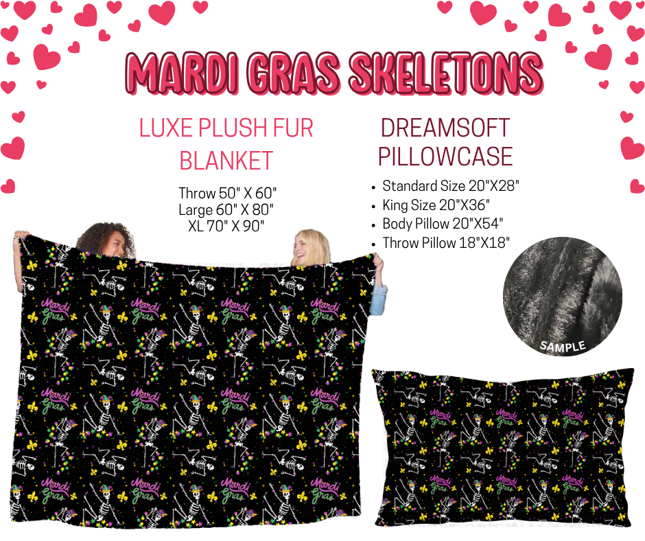 Preorder! Closes 11/17. ETA Jan. Mardi Gras Skeleton Luxe Plush Fur Blanket and/or DreamSoft Pillowcase
