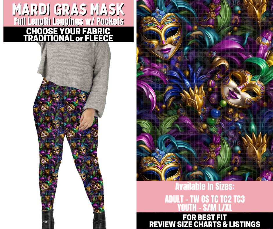 Preorder! Closes 11/12. ETA Jan. Mardi Gras Mask Leggings Choose Fleece or Traditional