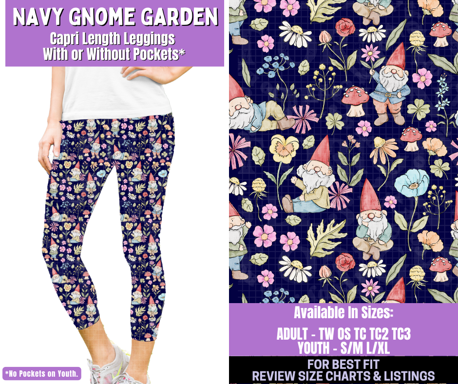 Preorder! Closes 1/5. ETA March. Navy Gnome Garden Capri Length Leggings w/wo Pockets