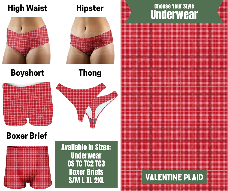 Preorder! Closes 11/24. ETA Jan. Valentine Plaid Hipster, High Waist, Boyshort, & Thong Underwear & Boxer Briefs