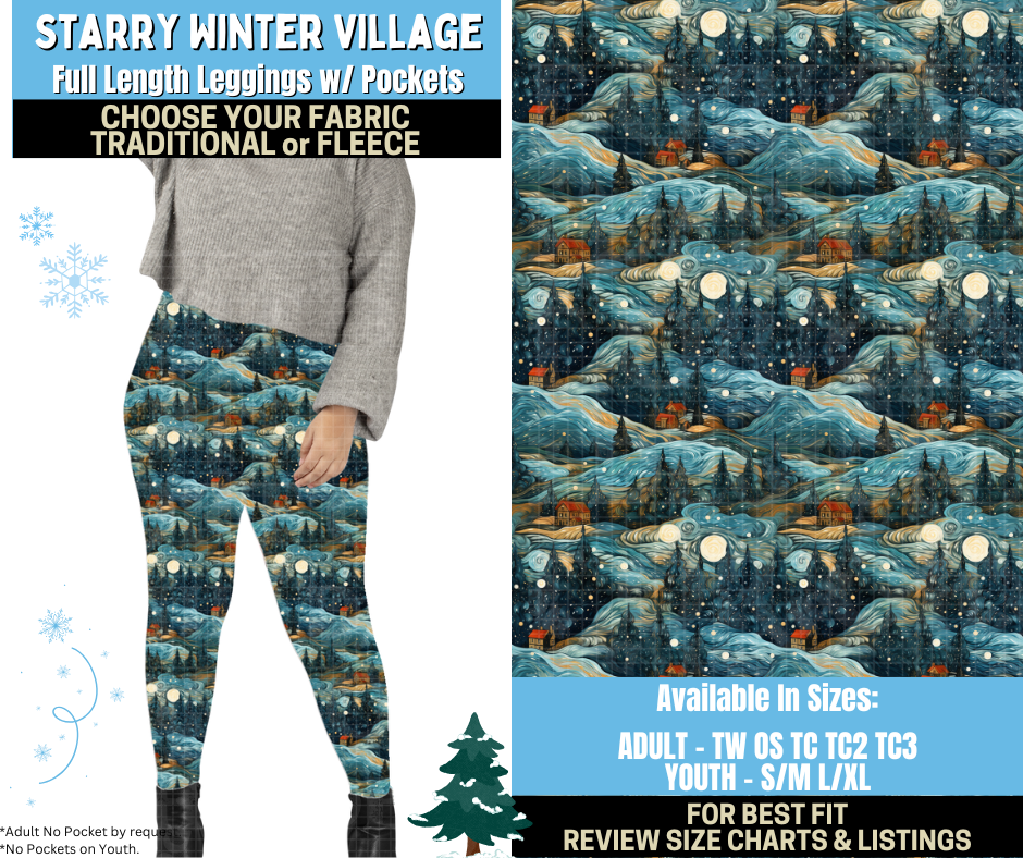 Preorder! Closes 8/28. ETA Nov. Starry Winter Village Leggings Choose Fleece or Traditional