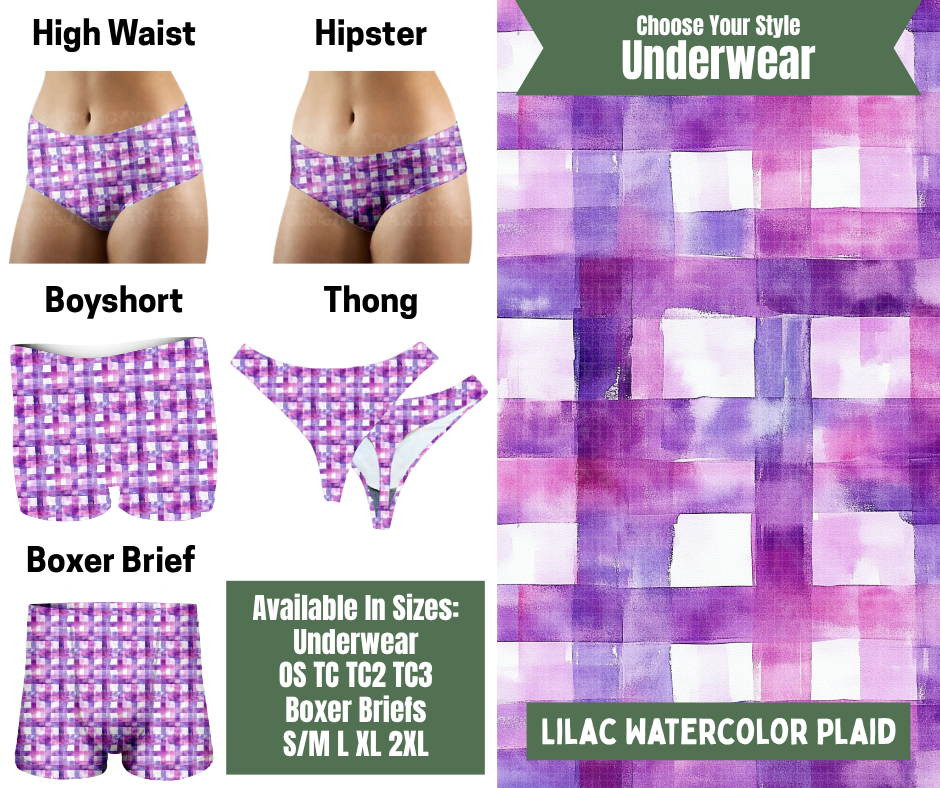 Preorder! Closes 11/24. ETA Jan. Lilac Watercolor Plaid Hipster, High Waist, Boyshort, & Thong Underwear & Boxer Briefs