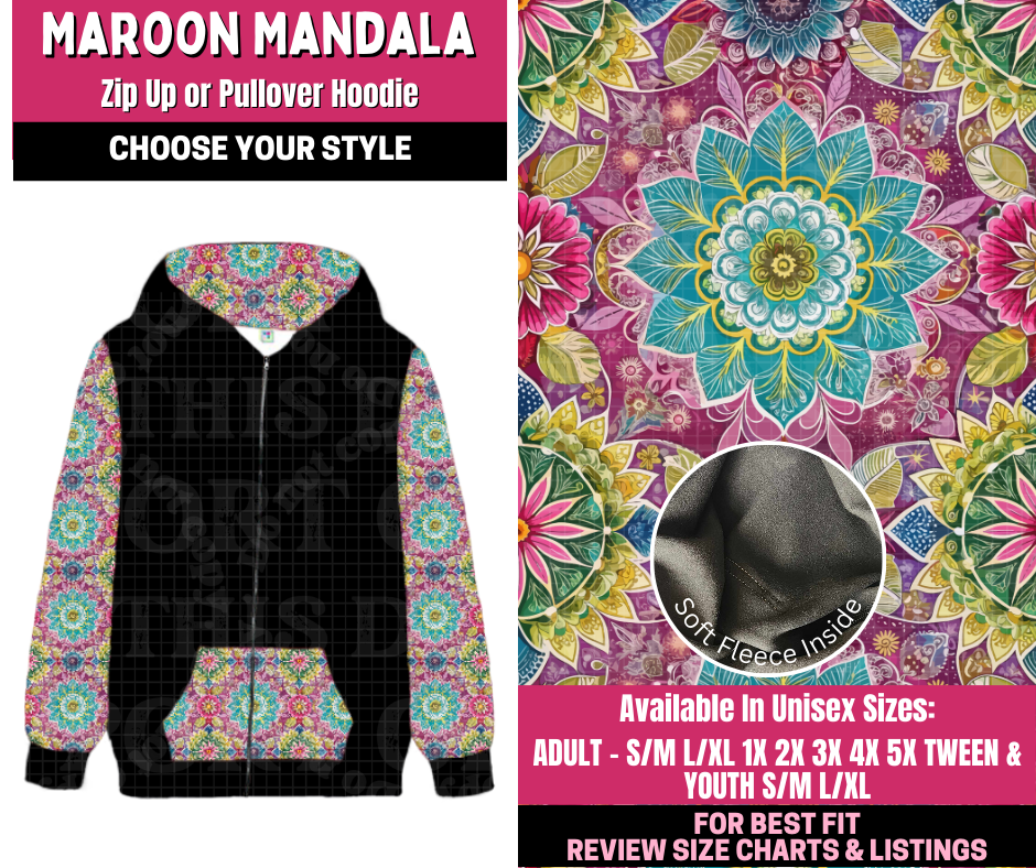 Preorder! Closes 12/31. ETA March. Maroon Mandala Full Length Zip-Up or Pullover Hoodie