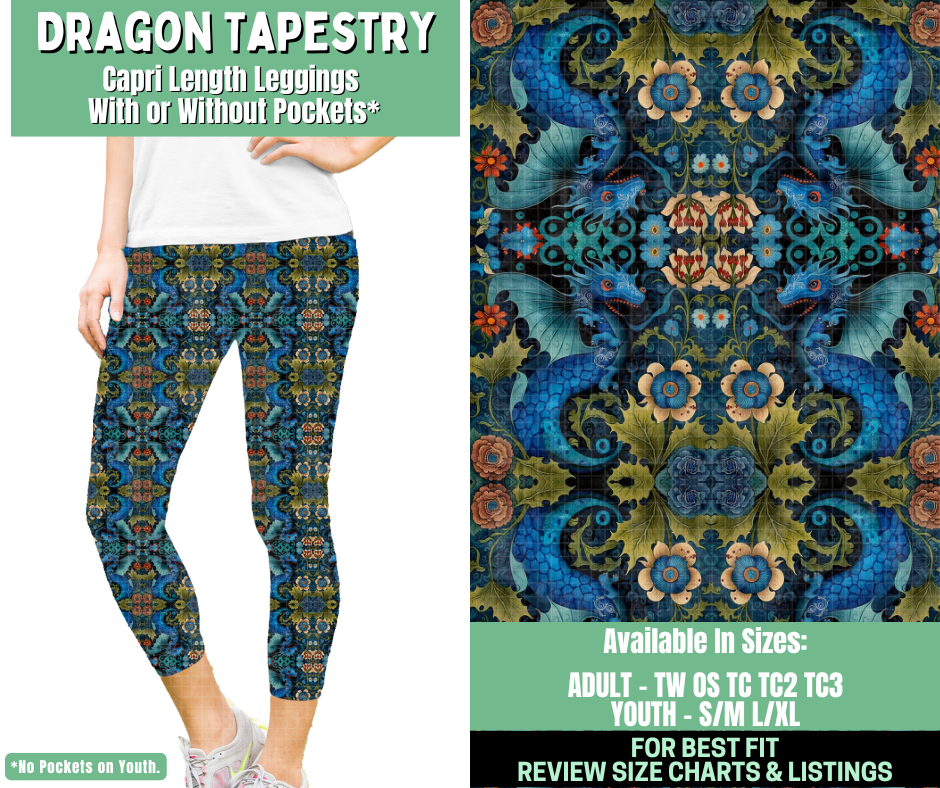 Preorder! Closes 1/7. ETA March. Dragon Tapestry Capri Length Leggings w/wo Pockets