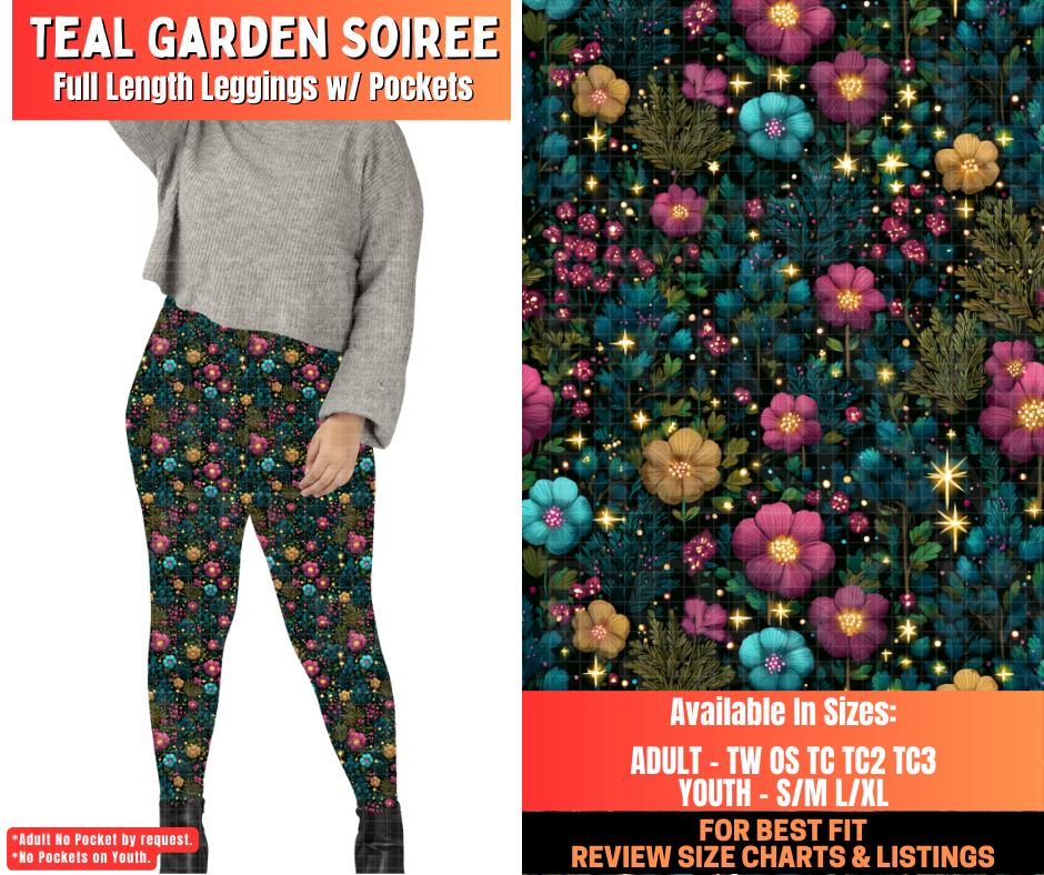Preorder! Closes 12/29. ETA March. Teal Garden Soiree Full Length Leggings w/wo Pockets