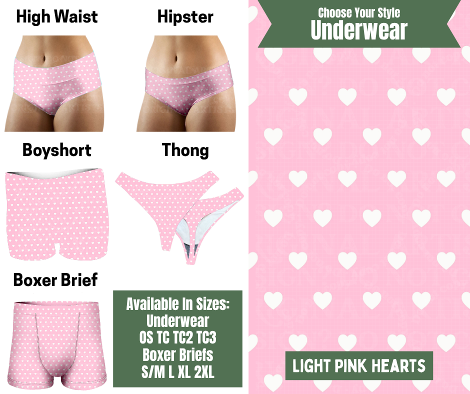 Preorder! Closes 11/24. ETA Jan. Light Pink Hearts Hipster, High Waist, Boyshort, & Thong Underwear & Boxer Briefs