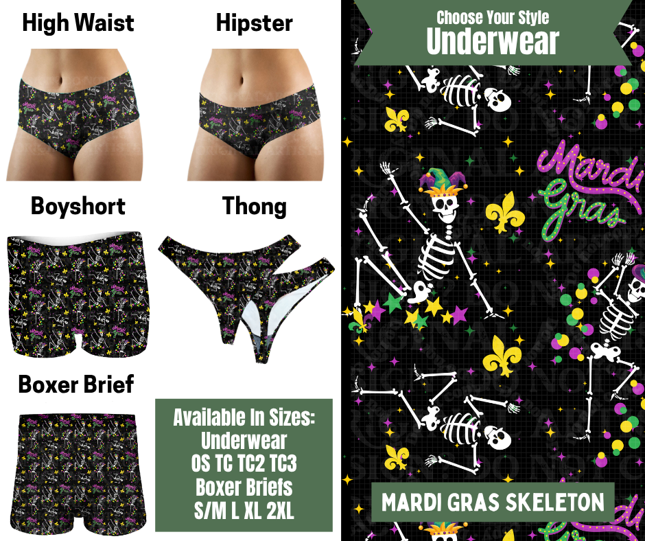 Preorder! Closes 11/24. ETA Jan. Mardi Gras Skeleton Hipster, High Waist, Boyshort, & Thong Underwear & Boxer Briefs