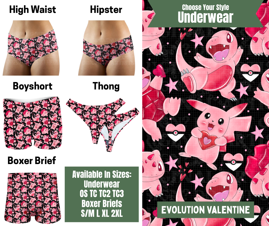 Preorder! Closes 11/24. ETA Jan. Evolution Valentine Hipster, High Waist, Boyshort, & Thong Underwear & Boxer Briefs