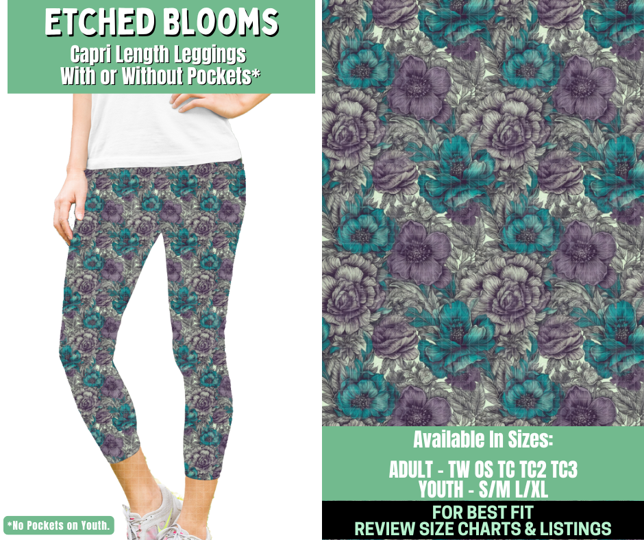 Preorder! Closes 1/7. ETA March. Etched Blooms Capri Length Leggings w/wo Pockets