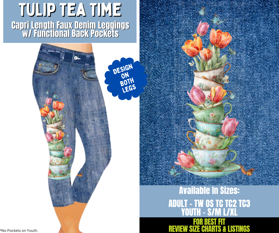 Preorder! Closes 12/15. ETA March. Tulip Tea Time Capri Leggings w/ Side Leg Designs