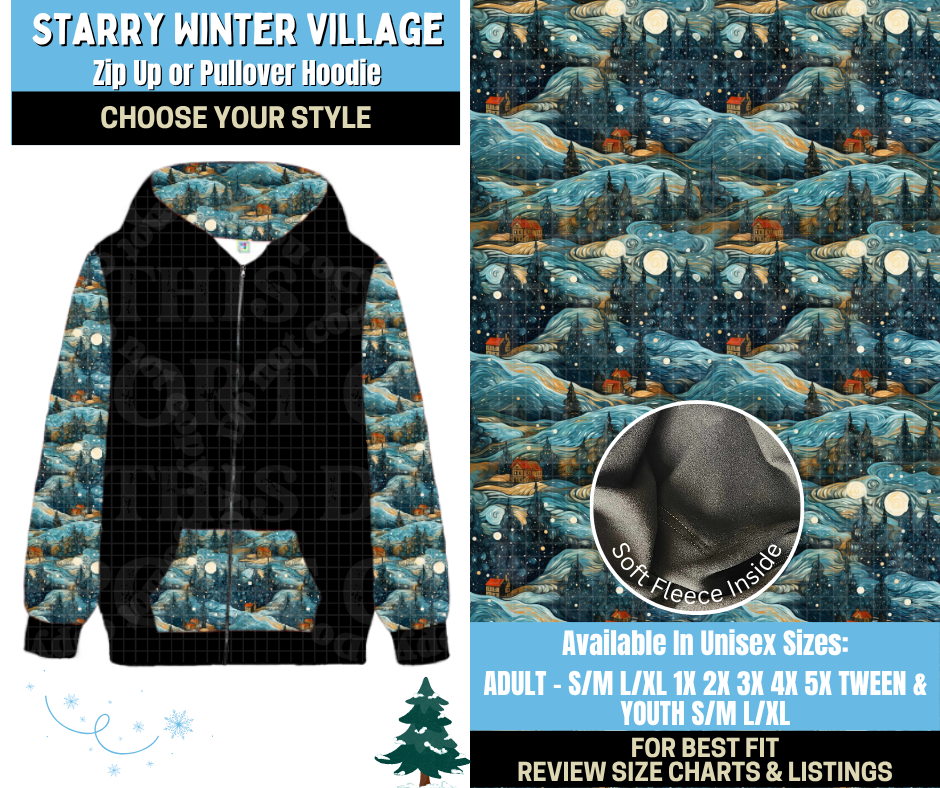 Preorder! Closes 8/28. ETA Nov. Starry Winter Village Zip-Up or Pullover Hoodie