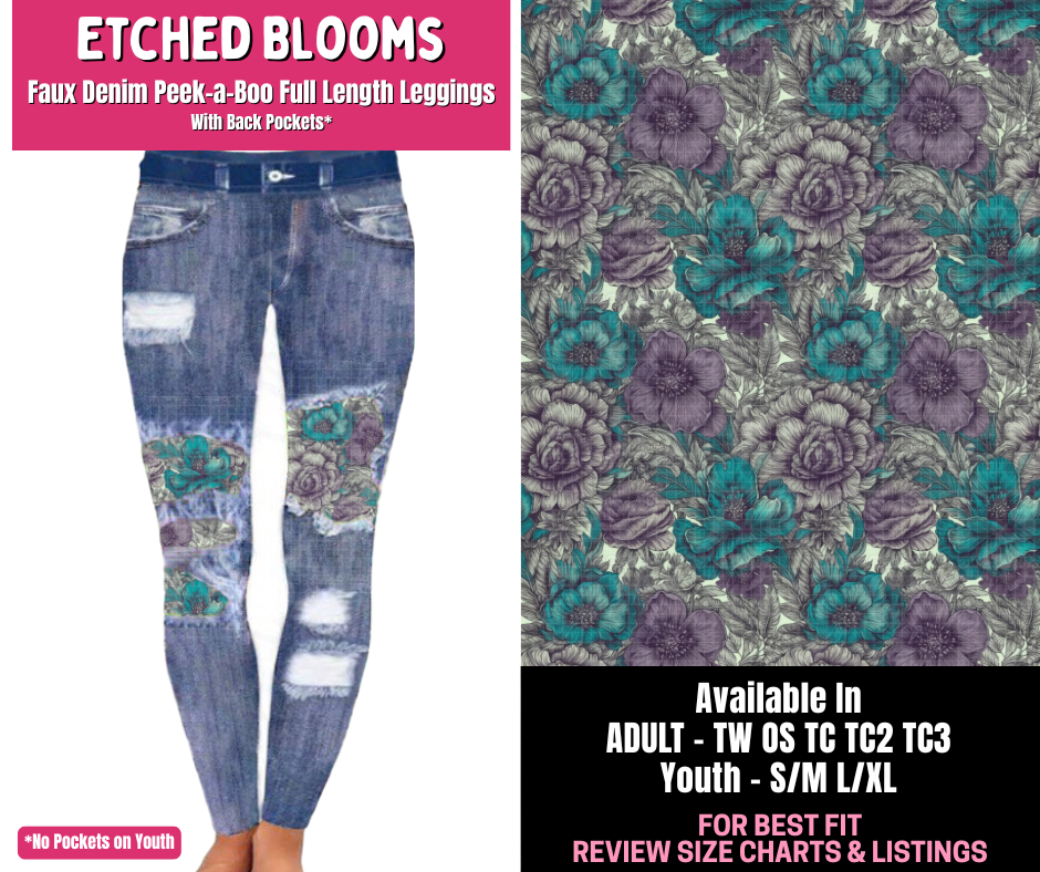 Preorder! Closes 1/1. ETA March. Etched Blooms Full Length Faux Denim Peekaboo