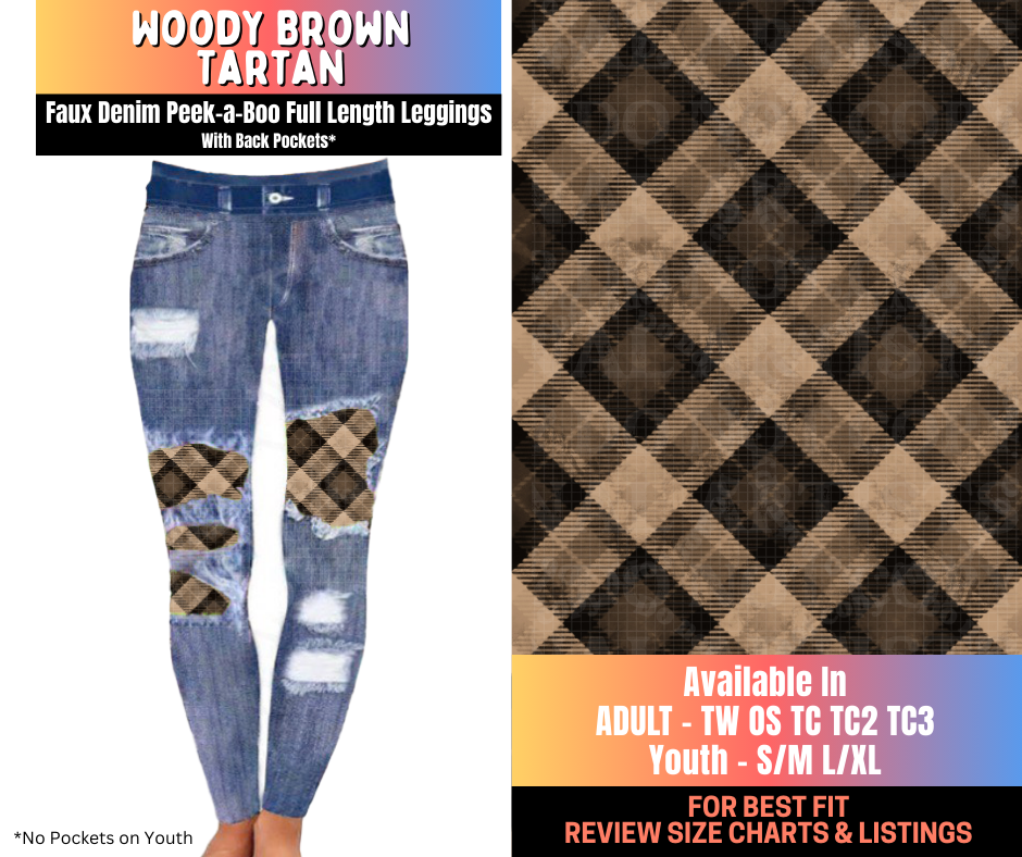 Preorder! Closes 10/16. ETA Jan. Woody Brown Tartan Full Length Faux Denim Peekaboo