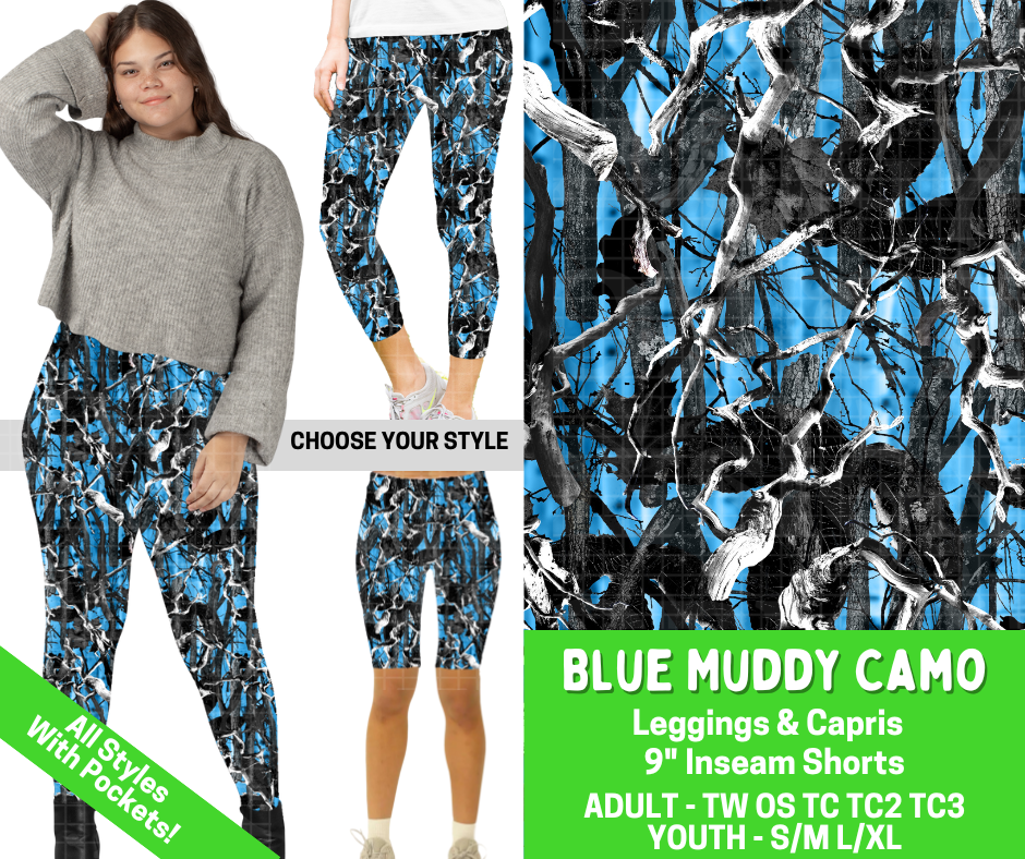 Preorder! Closes 2/25. ETA May. Blue Muddy Camo Combo Legging Lengths - Alonna's Legging Land