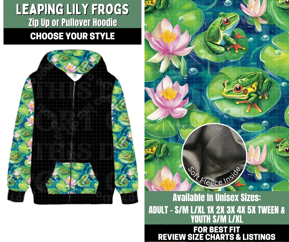 Preorder! Closes 12/4. ETA Feb. Leaping Lily Frogs Zip-Up or Pullover Hoodie
