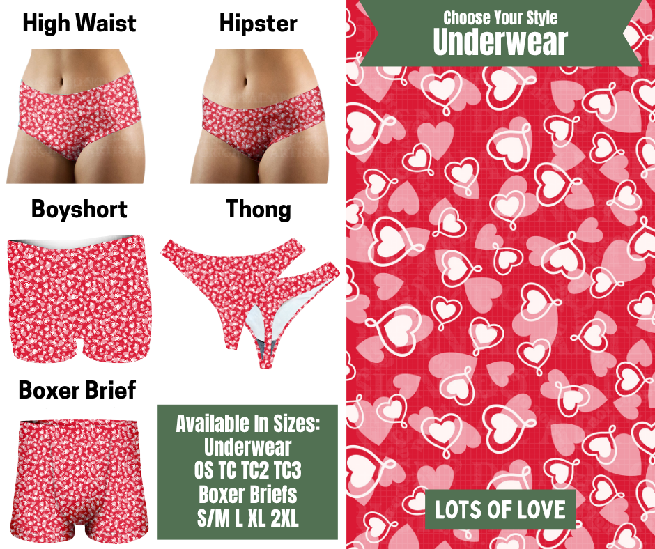 Preorder! Closes 11/24. ETA Jan. Lots of Love Hipster, High Waist, Boyshort, & Thong Underwear & Boxer Briefs