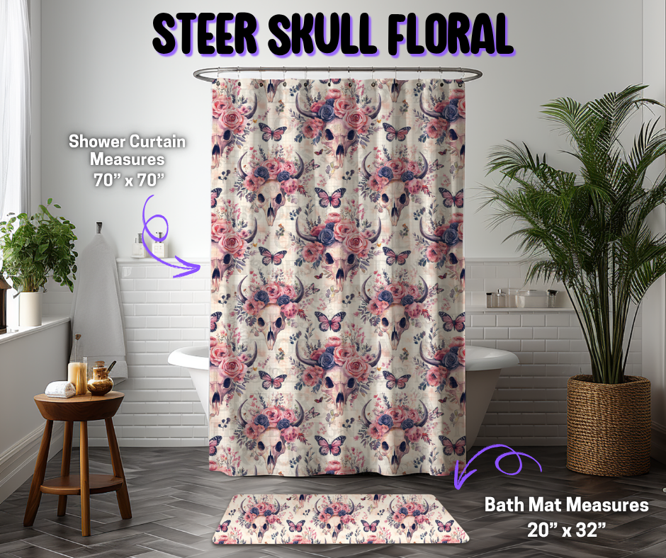 Preorder! Closes 12/8. ETA March. Steer Skull Floral Custom Shower Curtain and/or Bath Mat