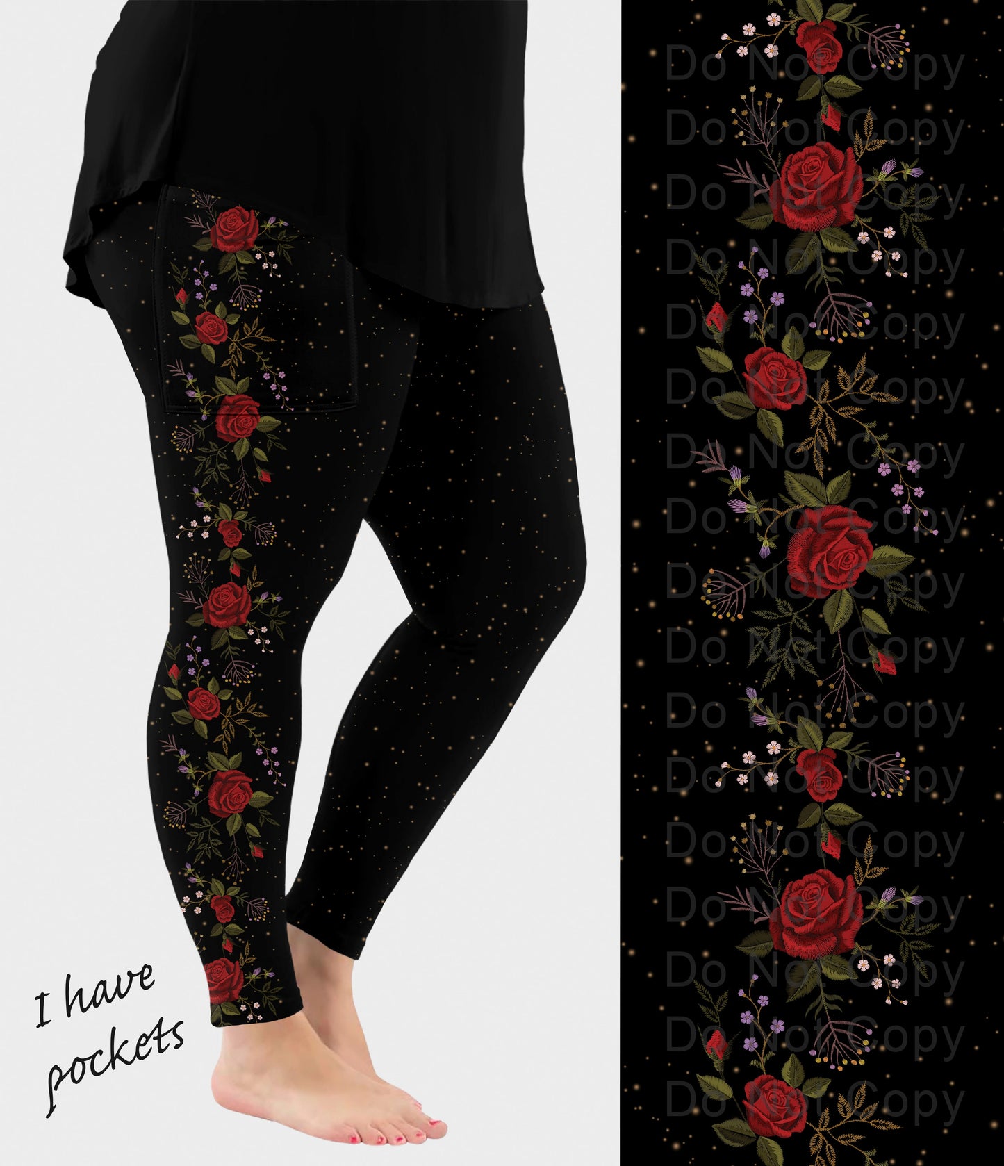 RTS - Rose Vine Side Design Leggings w/ Pockets