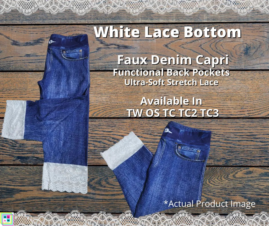 Faux Denim Capris w/ White Lace – Alonna's Legging Land