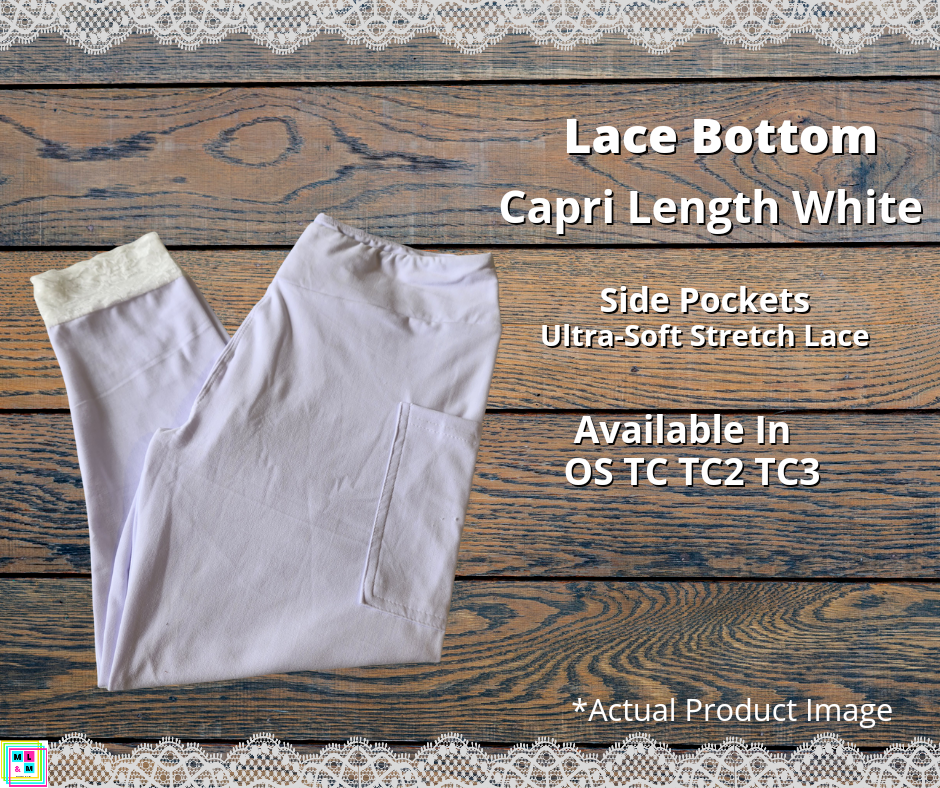 White Lace Bottom Capri Leggings w/ Pockets - Alonna's Legging Land
