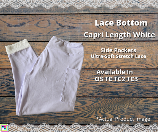 White Lace Bottom Capri Leggings w/ Pockets - Alonna's Legging Land